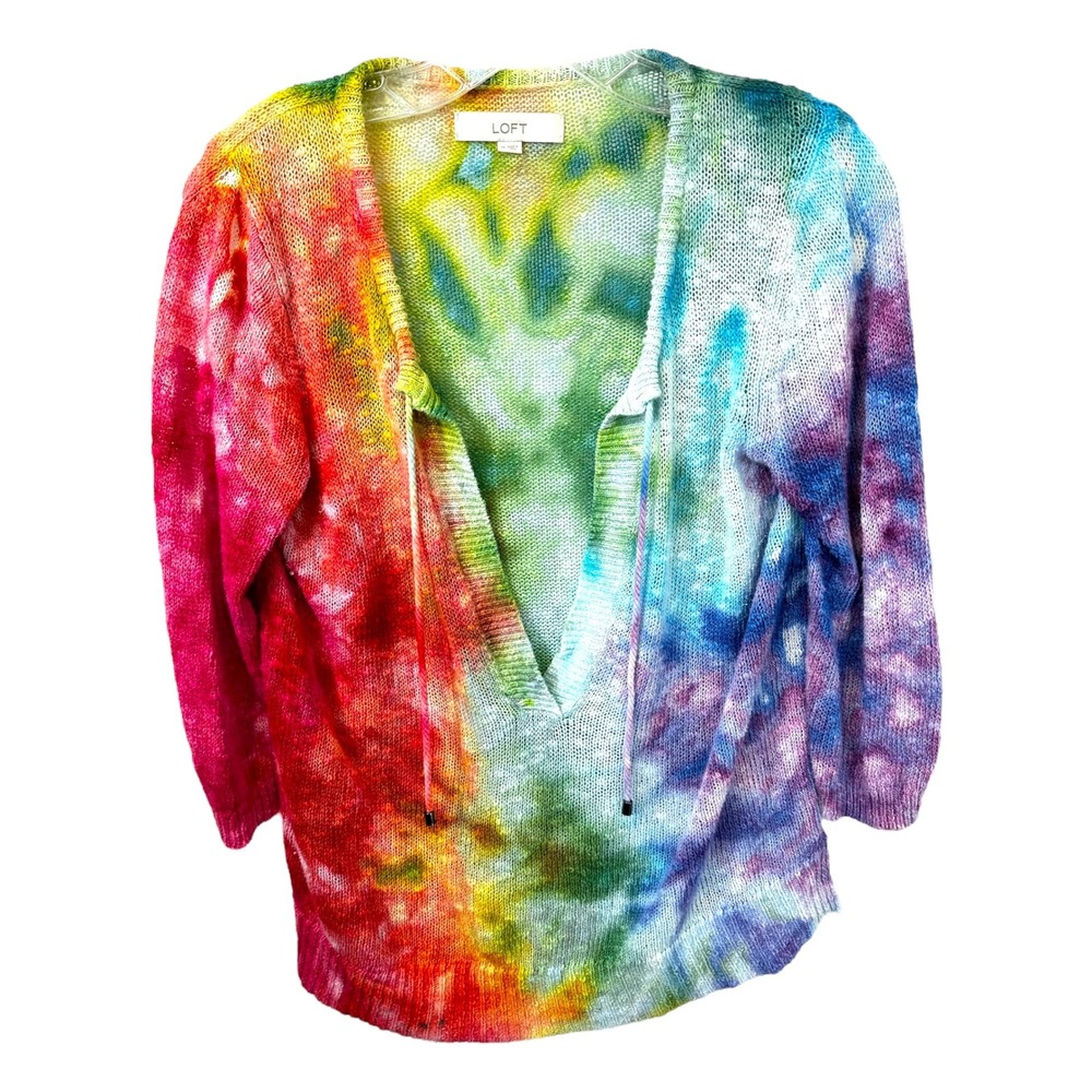LOFT Medium Top Handmade Tie Dye V Neck Knit Sweater Rainbow Festival‎ Boho 1752